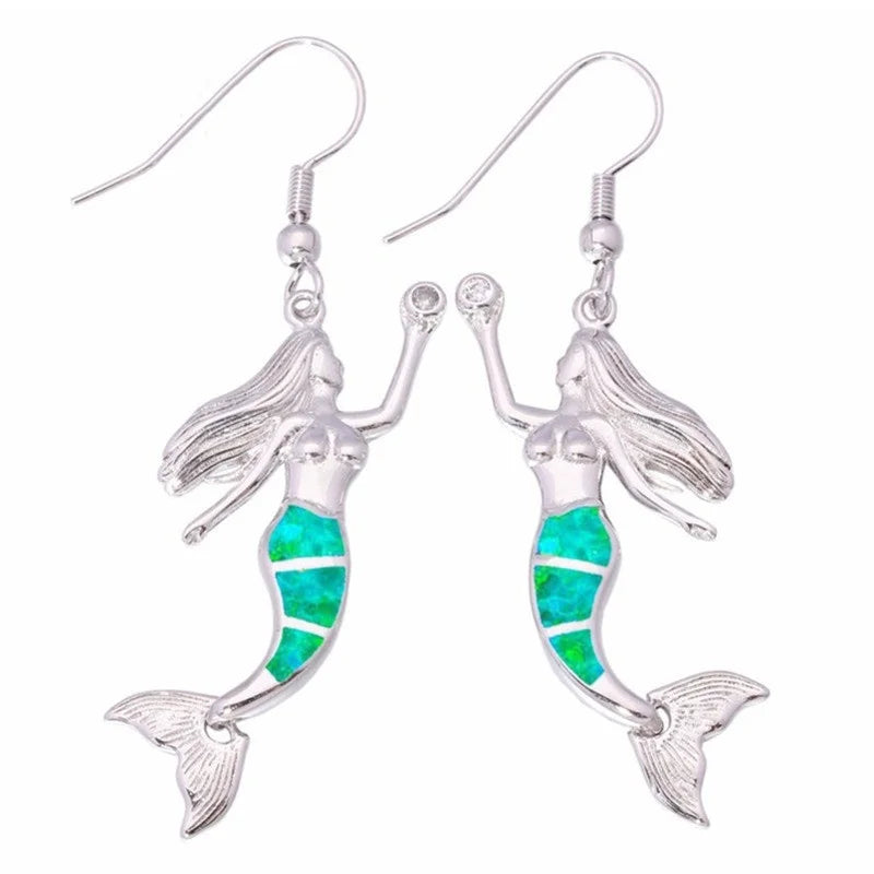 Women's Mermaid Simulated Opal Silver Long Drop Earrings