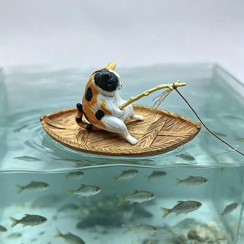 Resin Cat Fishing Boat Aquarium Ornament | Fish Tank Decor Aquarium Ornament Nixie