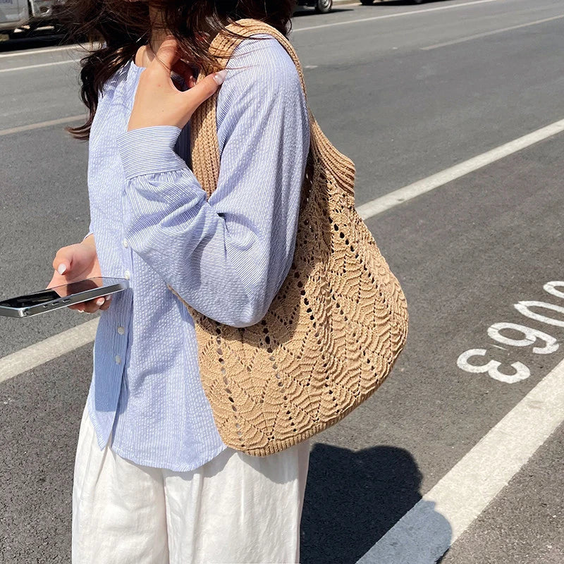 Women's Knitted Cotton Tote Bag – Large Capacity Shoulder Bag Knitted Tote Bag Nixie