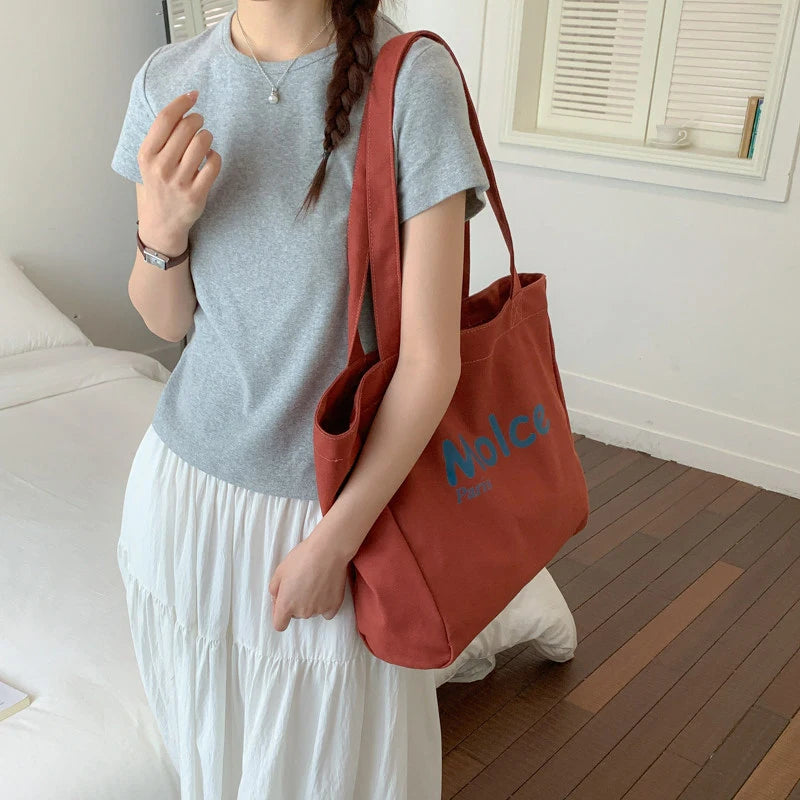 Vintage Letter Print Canvas Tote Bag – Large Women's Shoulder Canvas Tote Bag Nixie