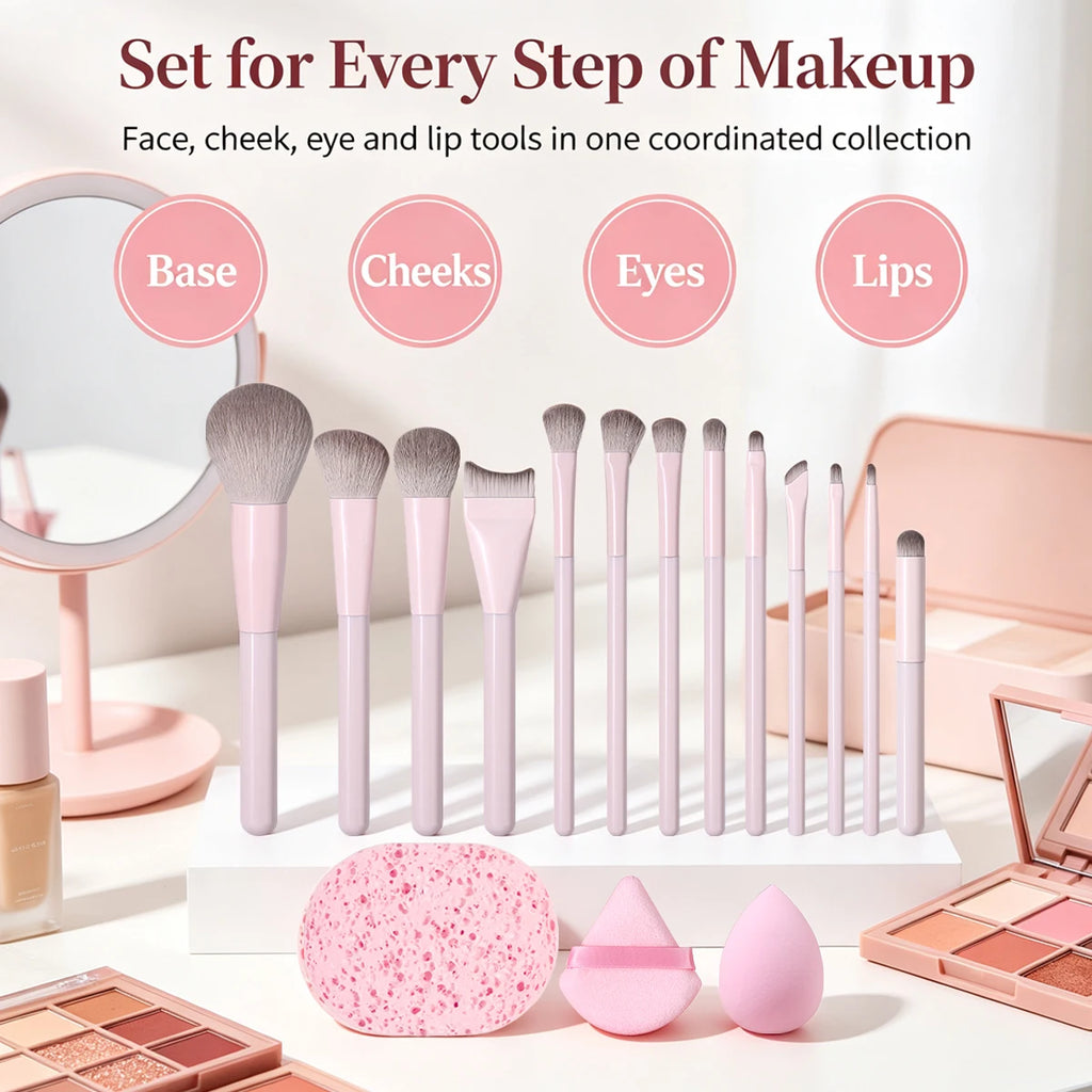 16Pc Makeup Brush Set – Soft Synthetic Hair, Sponge & Puff Makeup Brush Set Nixie