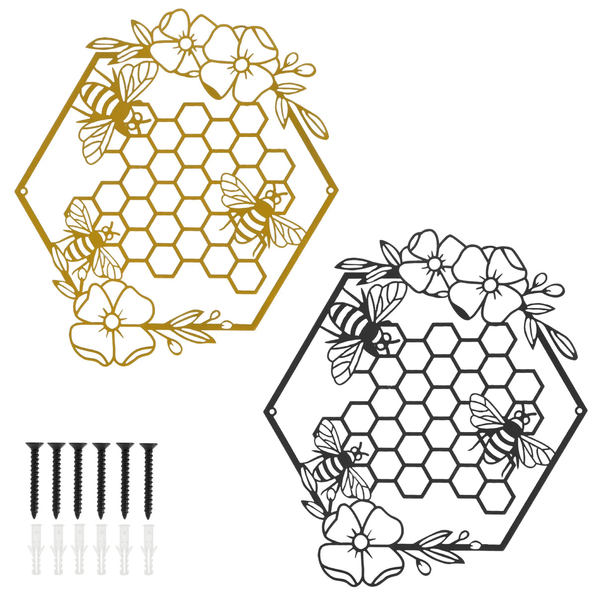 2-Piece Metal Bee Wall Art Set – Black & Gold Hanging Sculpture
