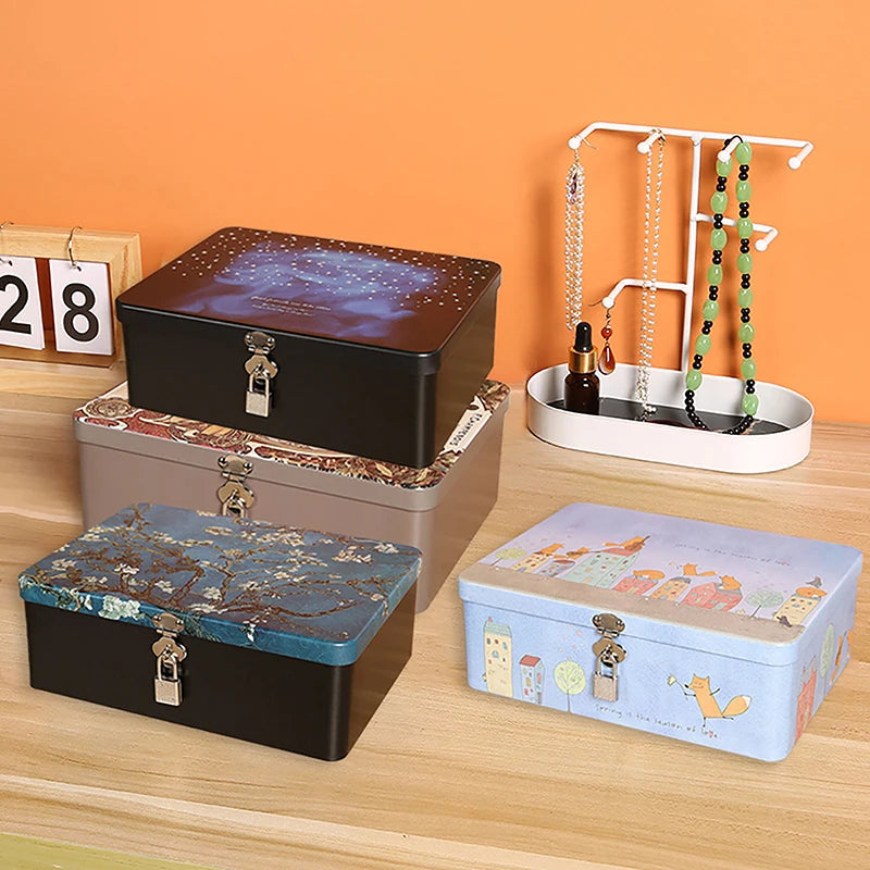 Vintage Tinplate Storage Box with Lock & Keys – Large Capacity