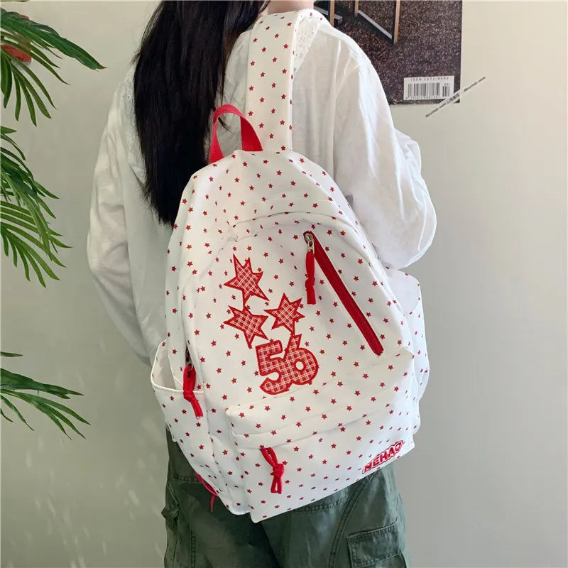 Korean Star Print Backpack – Large Capacity Lightweight Bag Student Backpack Nixie red