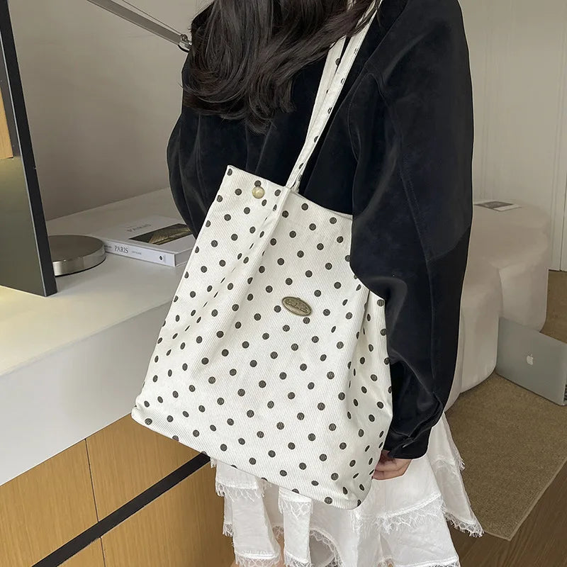 Korean Polka Dot Corduroy Tote Bag – Large Shoulder Bag Corduroy Tote Bag Nixie