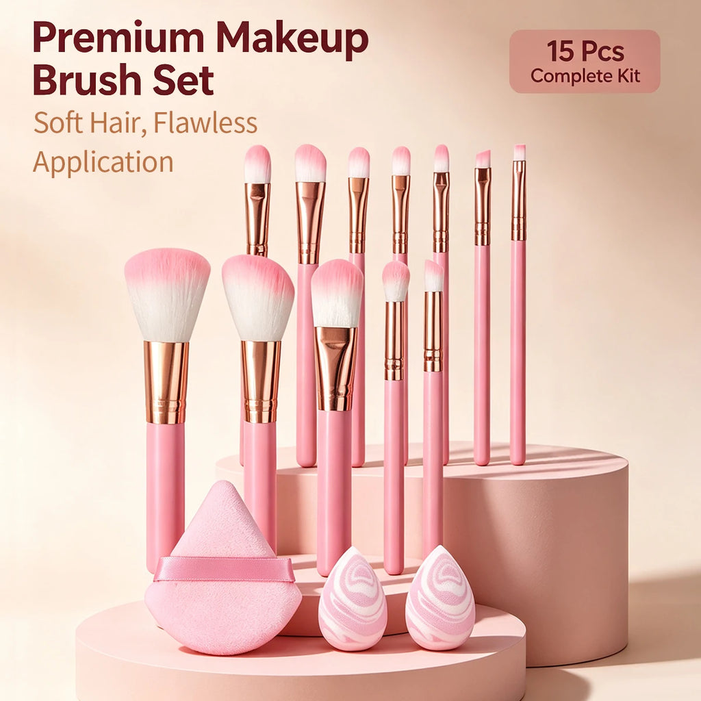 15-Piece Makeup Brush Set with Sponge & Puff | Nixie Makeup Brush Set Nixie Pink