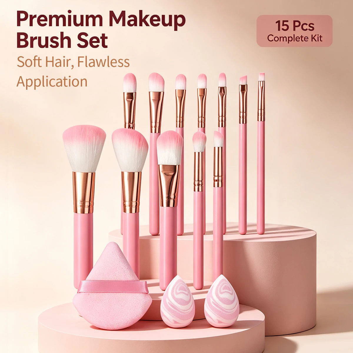 15-Piece Makeup Brush Set with Sponge & Puff | Nixie Makeup Brush Set Nixie Pink