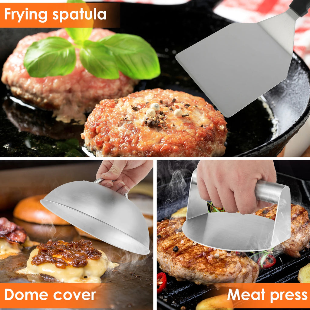 Smash Burger Press Kit – Stainless Steel Press, Spatula & Cover Burger Press Kit Nixie