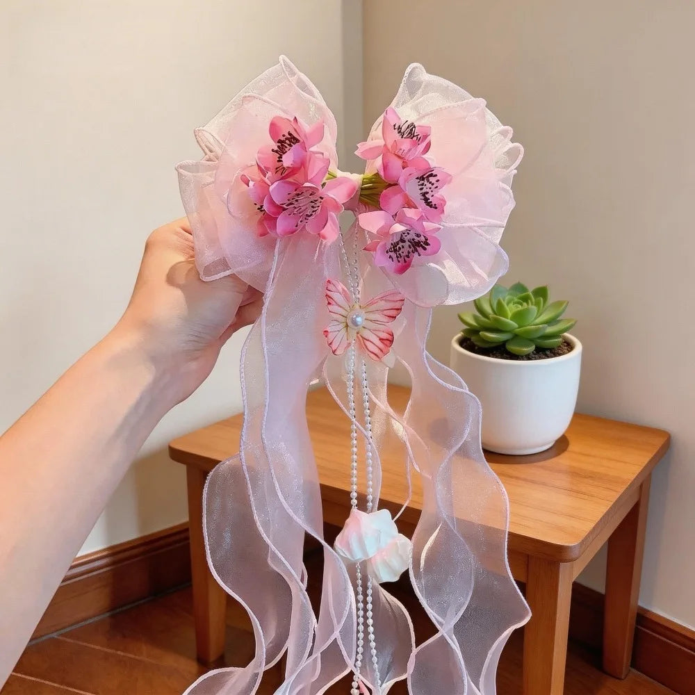 Pink Floral Bow Hair Clip Long Ribbon Butterfly Barrette