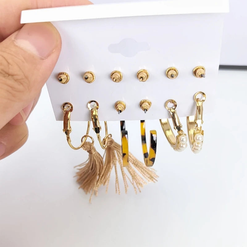 Pearl Tassel Drop Earrings Set – Trendy Imitation Pearl Hoops