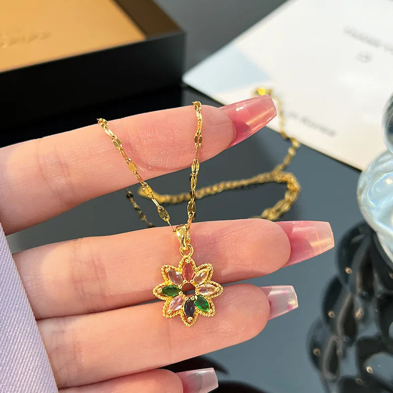 Colorful Zircon Flower Stainless Steel Clavicle Necklace Pendant Necklace Nixie