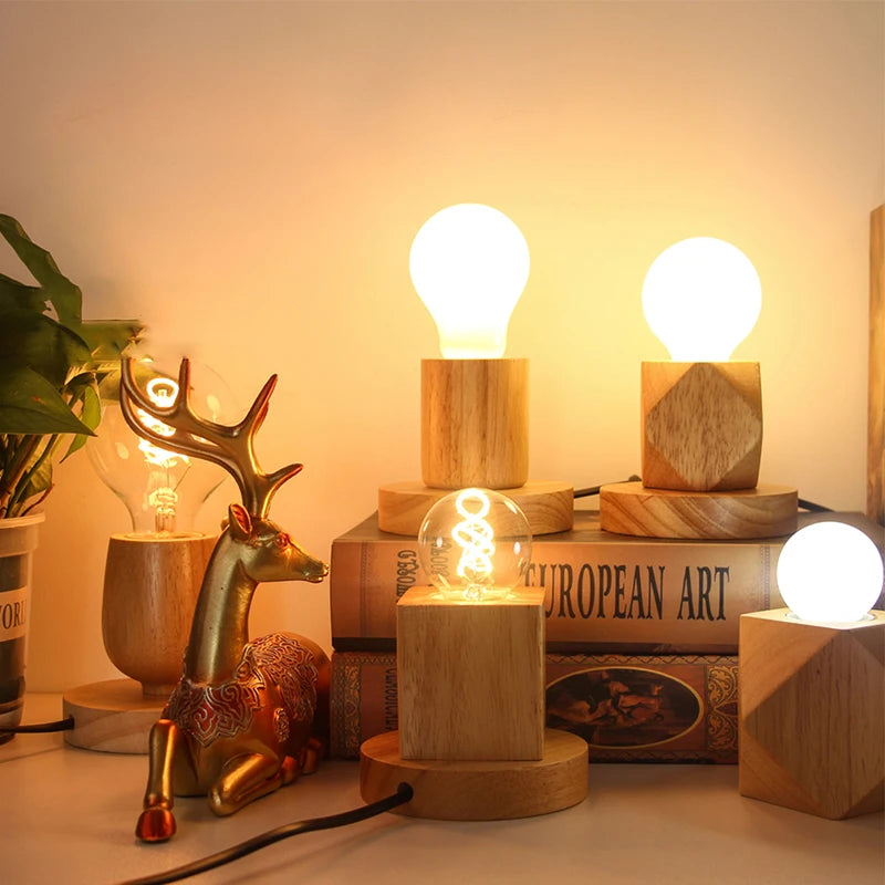 Retro Wooden Table Lamp E27 Vintage Desk Lamp Base 220V Wooden Table Lamp Nixie
