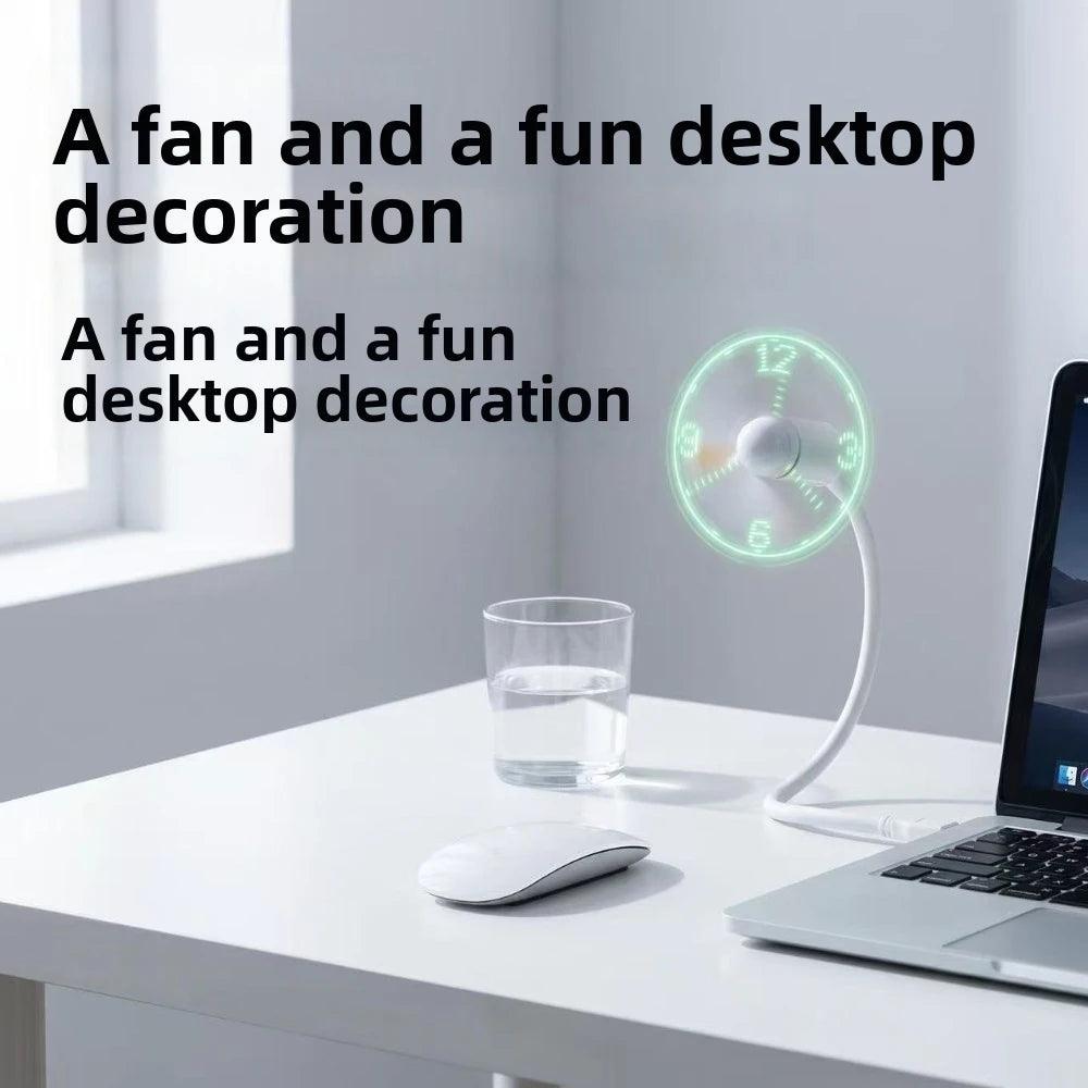 LED Flashing Text USB Mini Fan – Digital Display Clock Fan