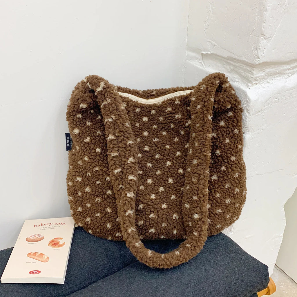 Korean Polka Dot Plush Crossbody Bag – Vintage Shoulder Bag Plush Crossbody Bag Nixie Brown