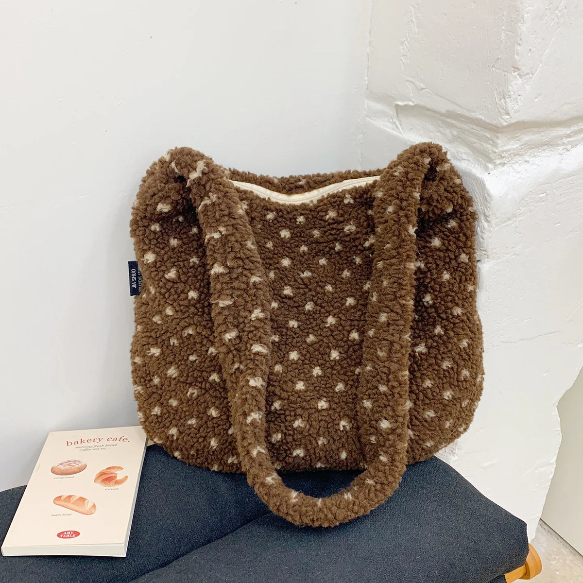 Korean Polka Dot Plush Crossbody Bag – Vintage Shoulder Bag Plush Crossbody Bag Nixie Brown