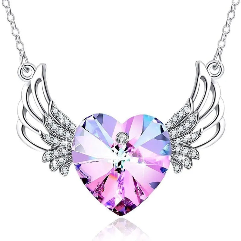 Angel Wing Heart Crystal Pendant Necklace | Mood Tracker Pendant Necklace Nixie Gold PURPLE