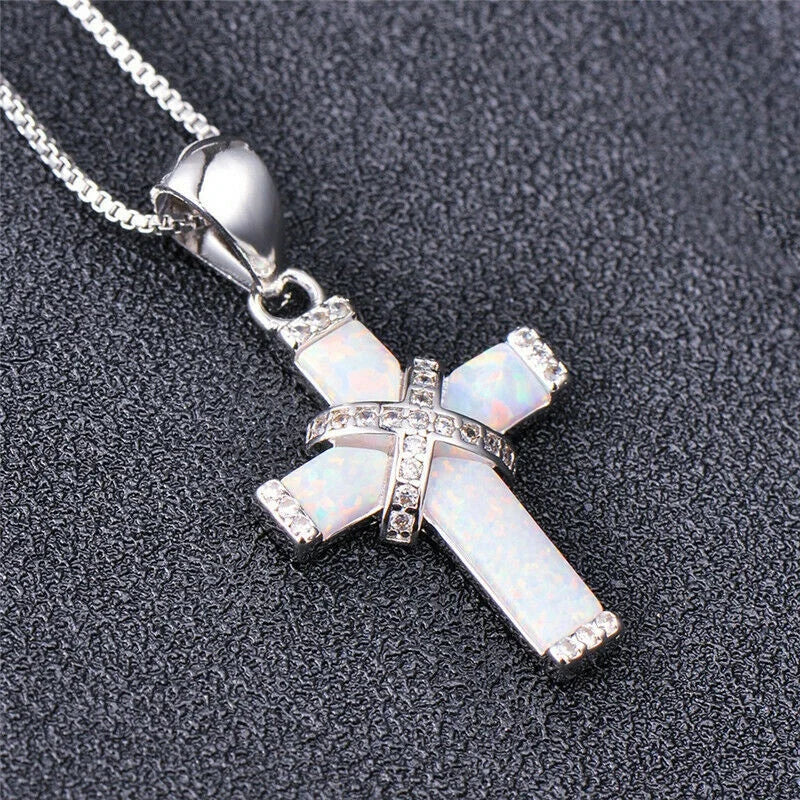 Simulated Opal Cross Pendant Necklace | Silver Women's Jewelry Cross Pendant Necklace Nixie