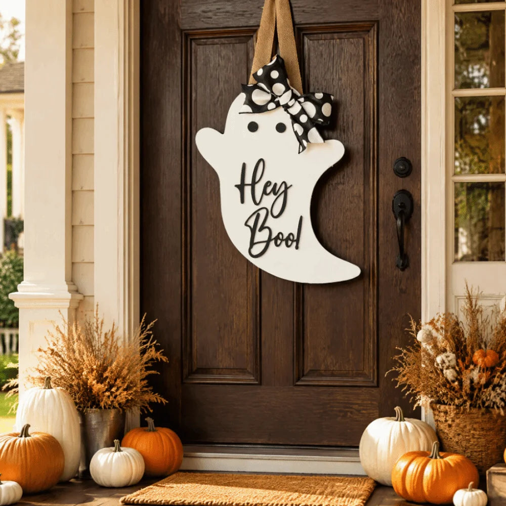 Halloween Ghost Door Hanger with Bow – Wooden Sign Décor Halloween Door Hanger Nixie