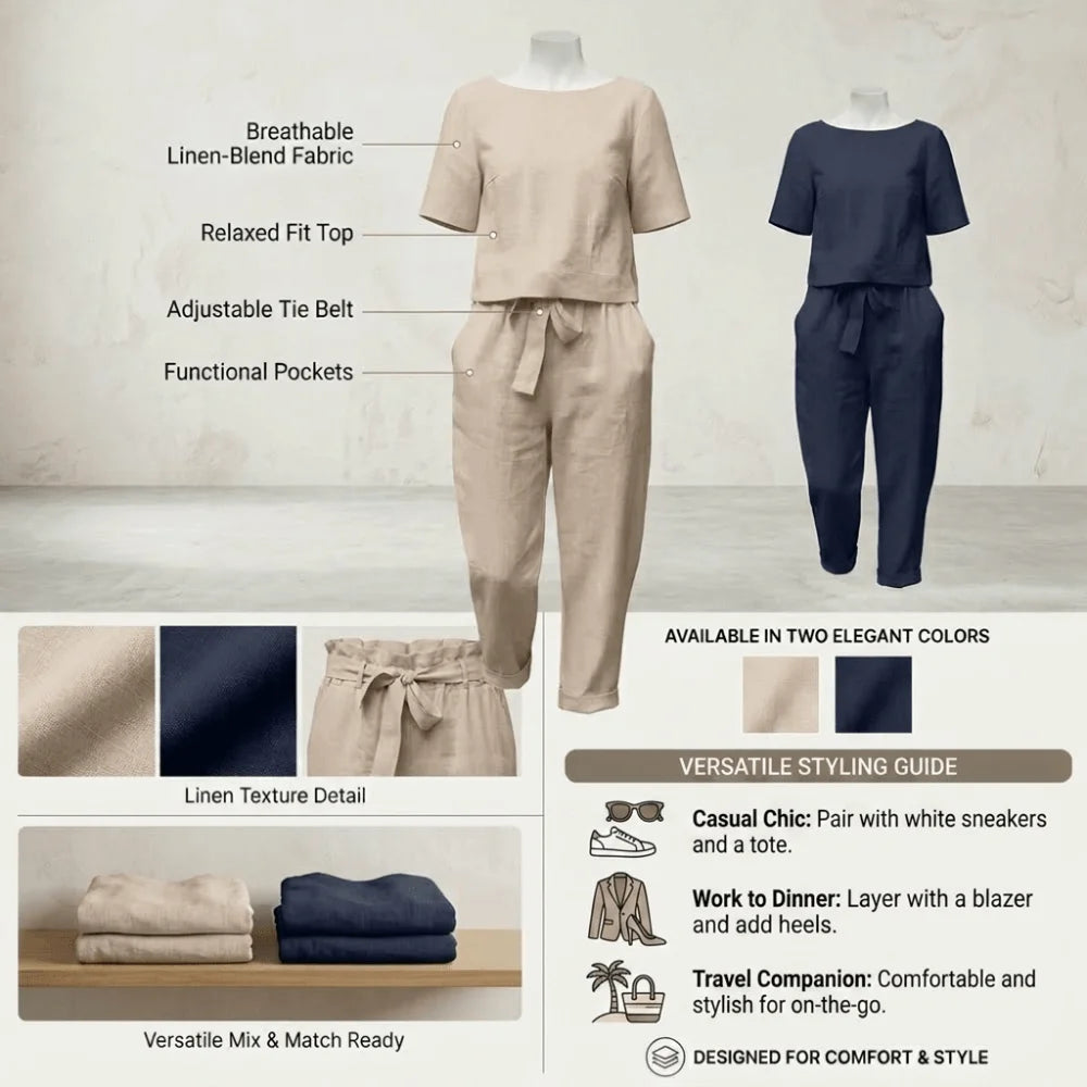 Women's Cotton Linen Two-Piece Wide-Leg Suit | Summer Set Women's Two-Piece Set Nixie