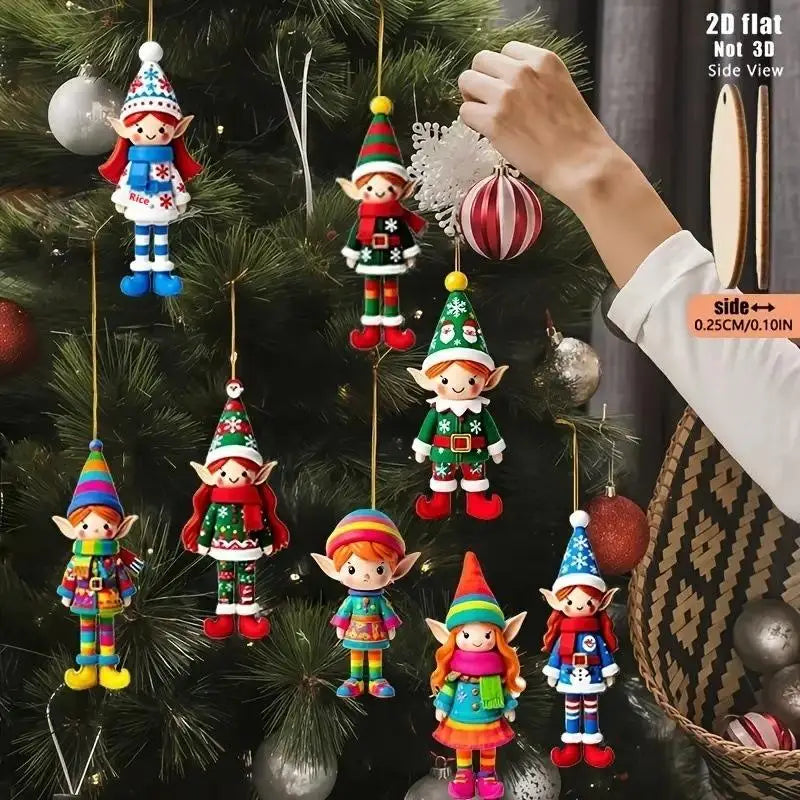 8-Piece Christmas Elf Wooden Ornaments Hanging Xmas Tree Decor Christmas Tree Ornaments Nixie