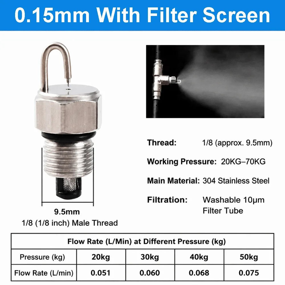 Ruby Fog Misting Nozzle 1/8" 304 Stainless Steel with Filter Misting Fog Nozzle Nixie 0.15mm Filter Screen