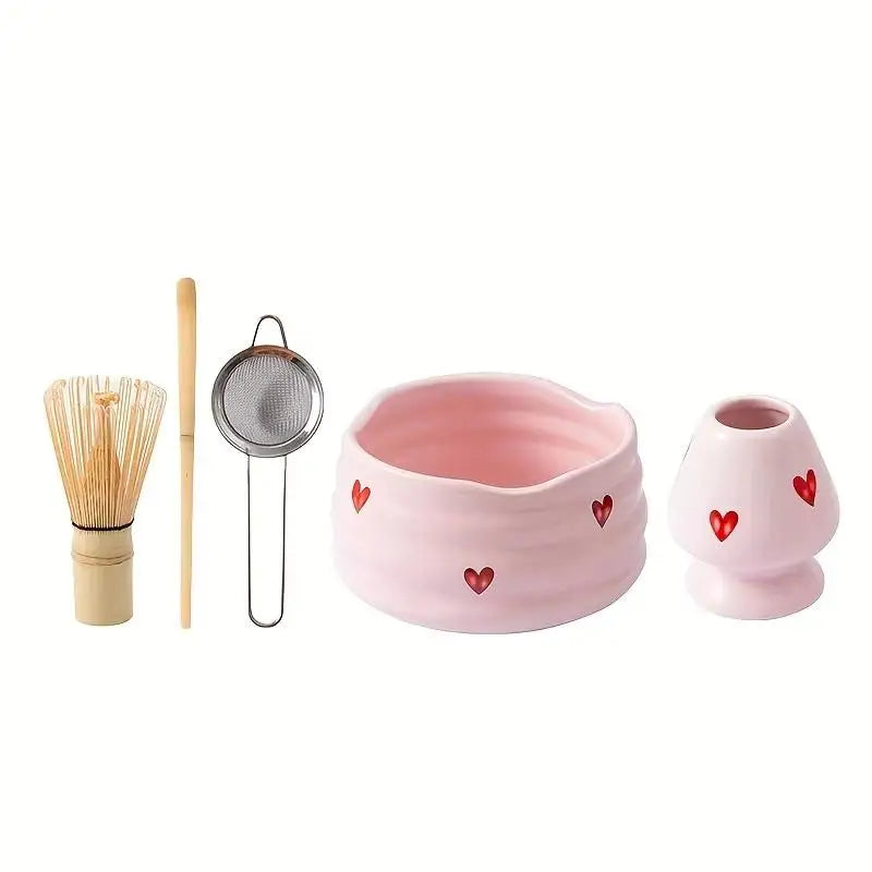 Heart Decal Ceramic Matcha Set – Bowl, Whisk & Bamboo Tools Matcha Tea Set Nixie