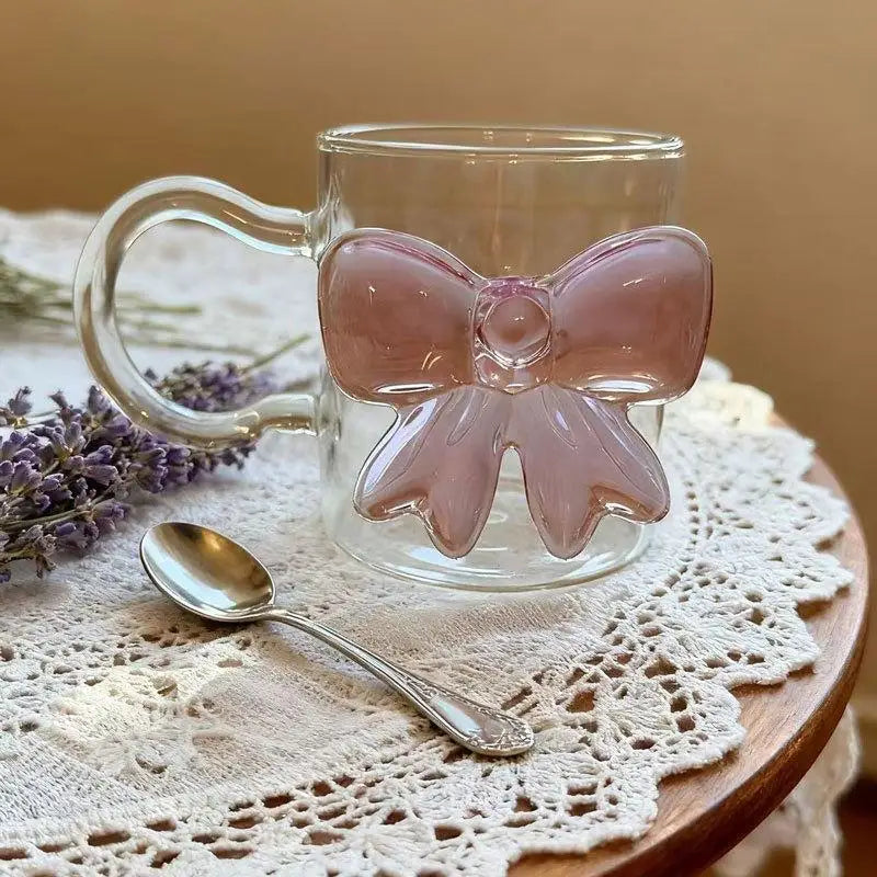 Pink Bow Glass Cup 400ml – Heat-Resistant Borosilicate