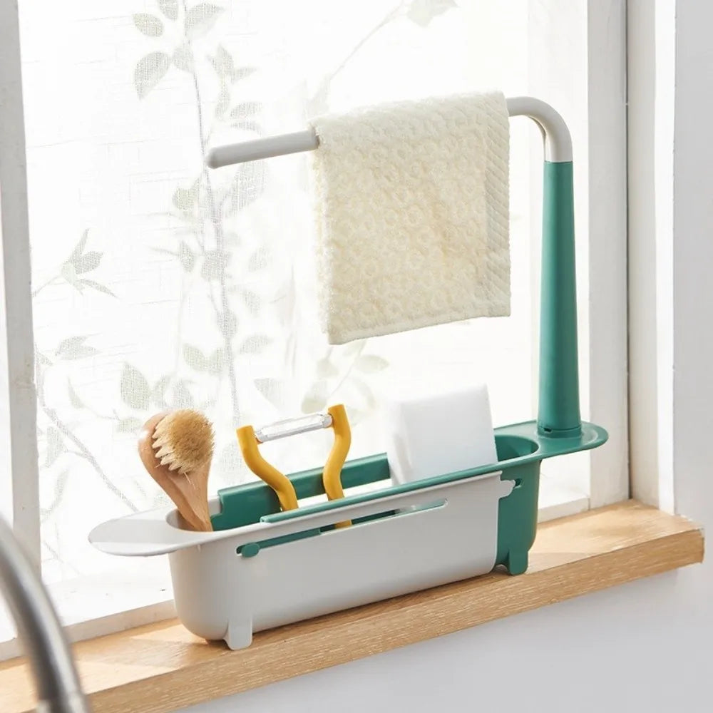 Expandable Kitchen Sink Organizer with Drainer Basket & Towel Rack Sink Shelf Organizer Nixie