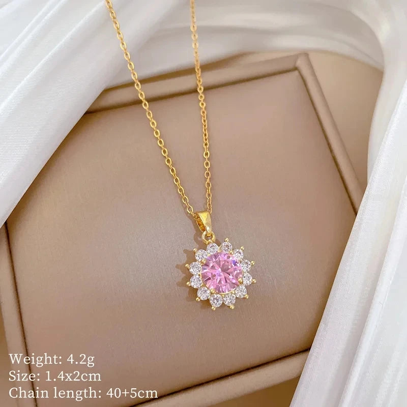 Flower Pendant Choker Necklace – Gold Stainless Steel & Zircon