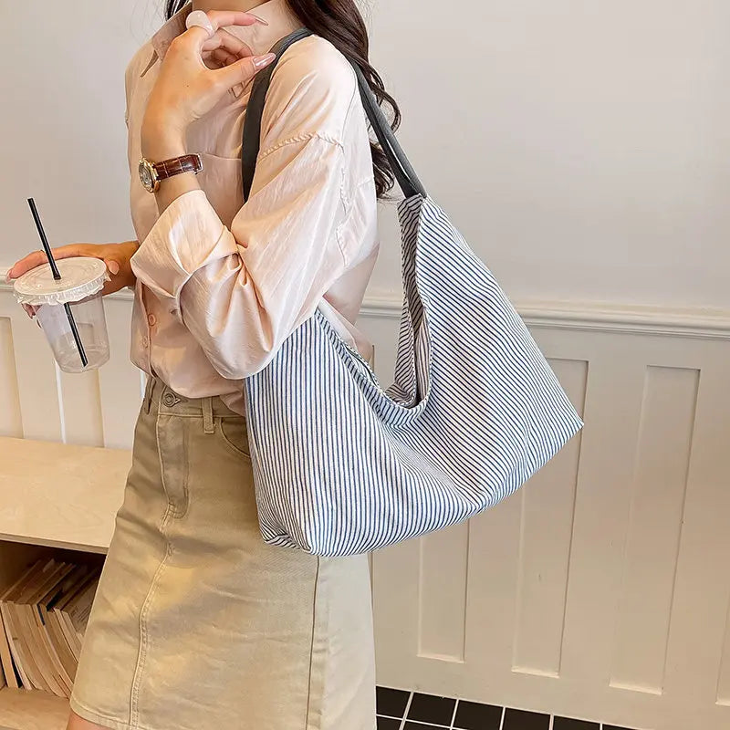 Korean Canvas Tote Bag – Large Capacity Women's Shoulder Bag Canvas Tote Bag Nixie striped blue