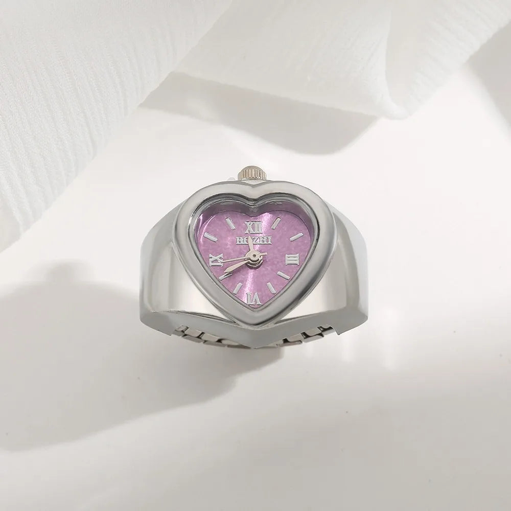 Retro Heart Shape Ring Watch – Stainless Steel Quartz Clock Ring Watch Nixie Silver Purple
