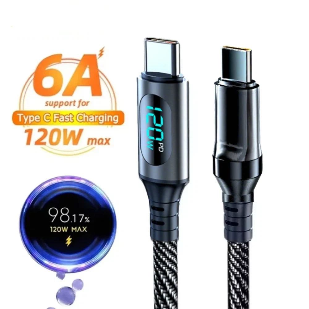 120W USB-A to USB-C Fast Charge Cable with LED Display