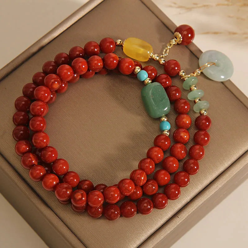 Vintage Jade Peace Buckle & Red Agate Bracelet for Women Gemstone Strand Bracelet Nixie