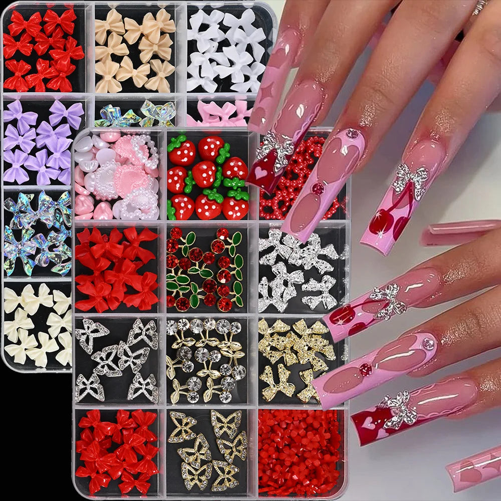 3D Resin Bow Nail Charms 12-Grid Set with Rhinestones & Tweezer Nail Art Charms Nixie