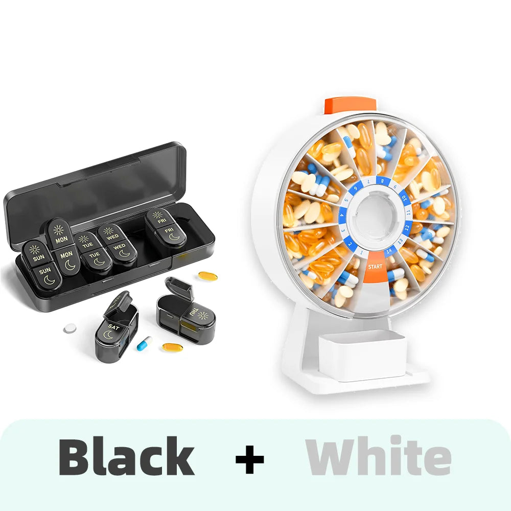 14-Day & 7-Day Pill Organizer Set – Home & Travel Case Pill Organizer Set Nixie Black-White