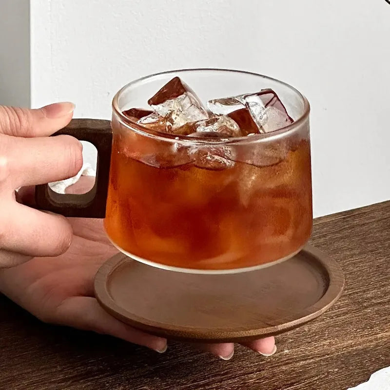 Vintage Glass Coffee Cup & Saucer Set 240ml | Wooden Handle