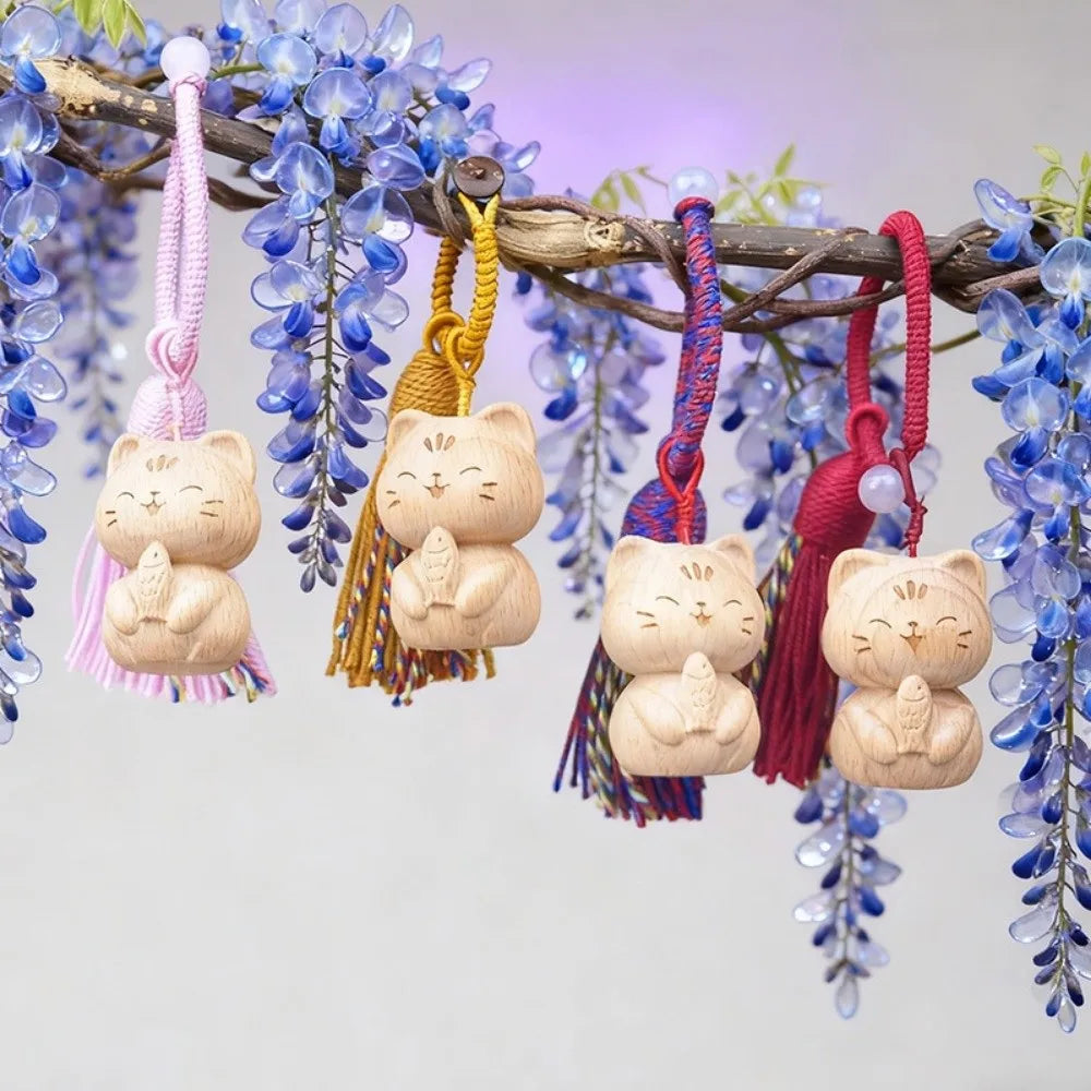 Hand Carved Wooden Cat Keychain with Tassel | Lucky Cat Wooden Cat Keychain Nixie
