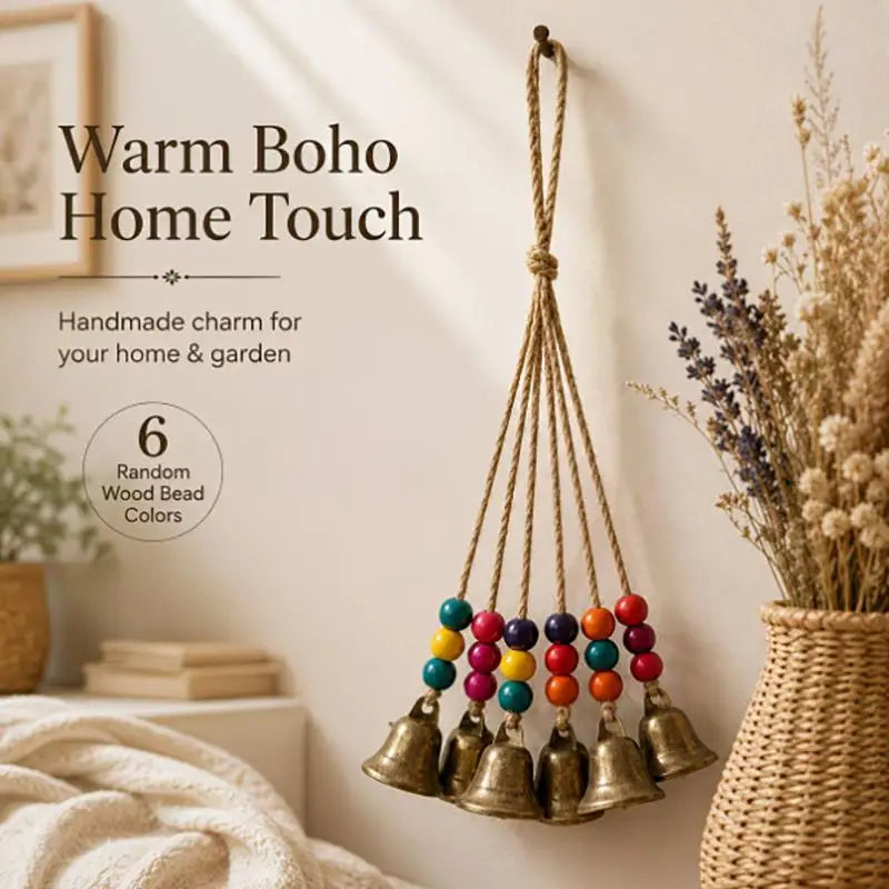 Bohemian Wind Chime Bronze Bells & Wood Beads Boho Garden Decor Boho Wind Chime Nixie