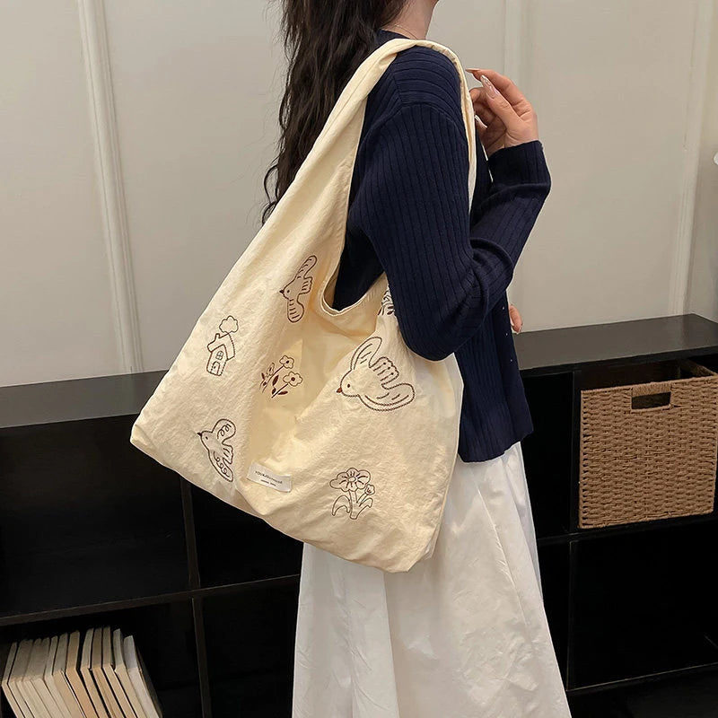 Women's Bird Embroidery Nylon Underarm Shoulder Bag | Nixie Shoulder Handbag Nixie
