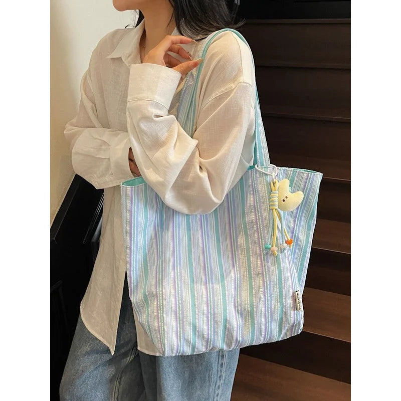 Striped Canvas Tote Bag – Large Capacity Shoulder Bag Canvas Tote Bag Nixie