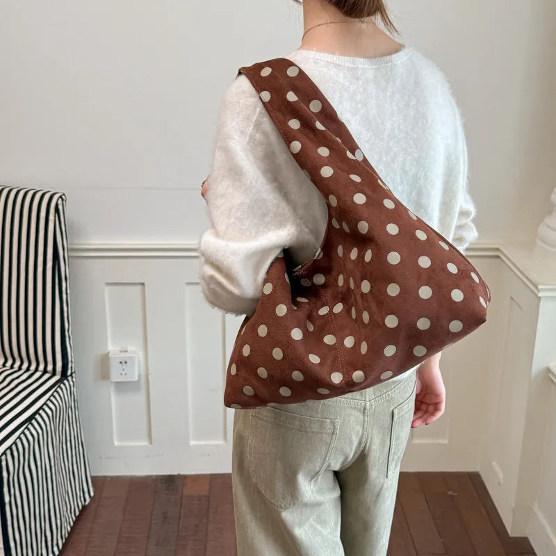 Nixie Faux Suede Polka Dot Tote Bag – Large Shoulder Bag Faux Suede Tote Bag Nixie Brown