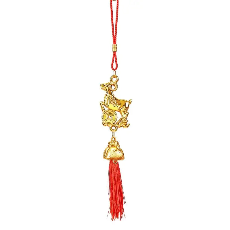 Golden Chinese Zodiac Goat Ornament with Red Tassel Lucky Charm