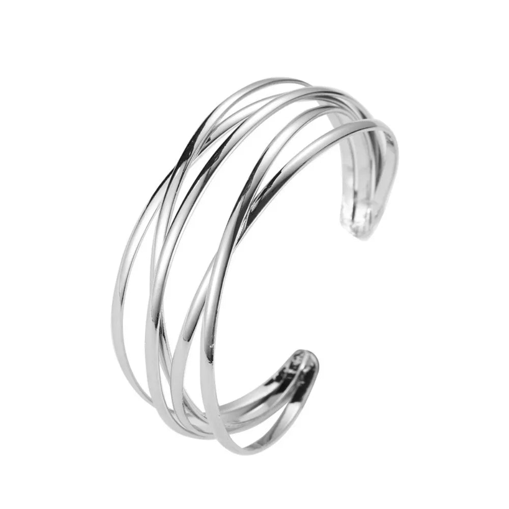 Elegant Multi-Layer Alloy Open Cuff Bangle – Adjustable Geometric Cuff Bangle Bracelet Nixie Silver