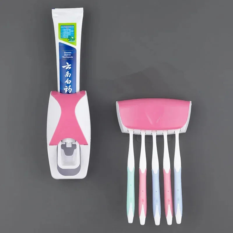 Wall Mounted Toothbrush Holder & Toothpaste Dispenser Set Bathroom Organizer Set Nixie Pink