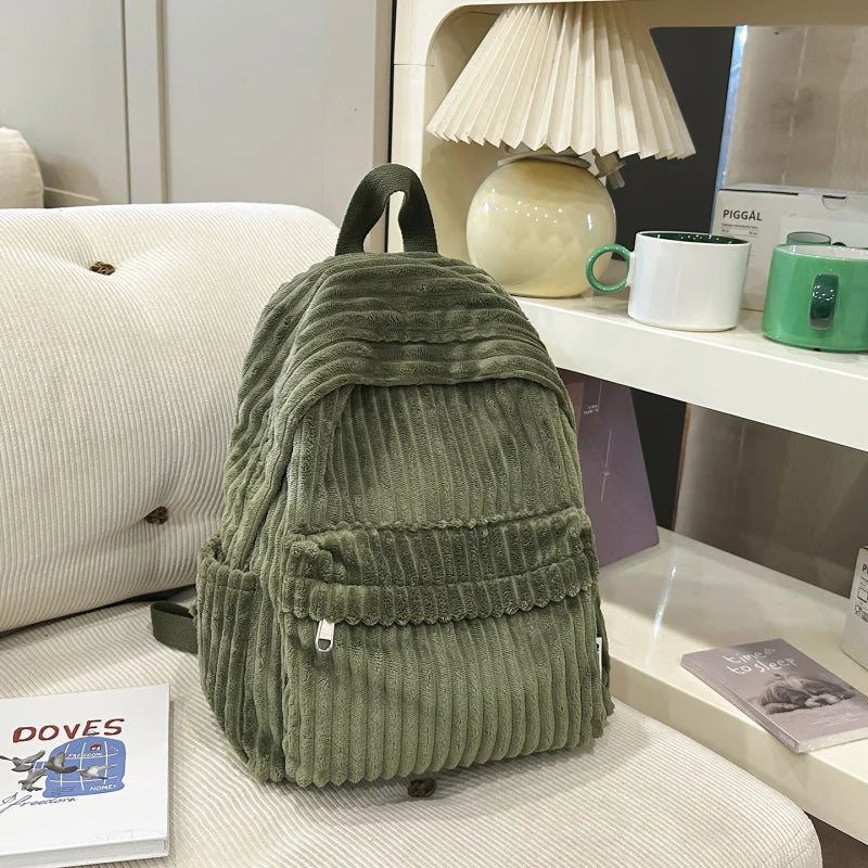 Women's Korean Corduroy Backpack – Stylish School Bag