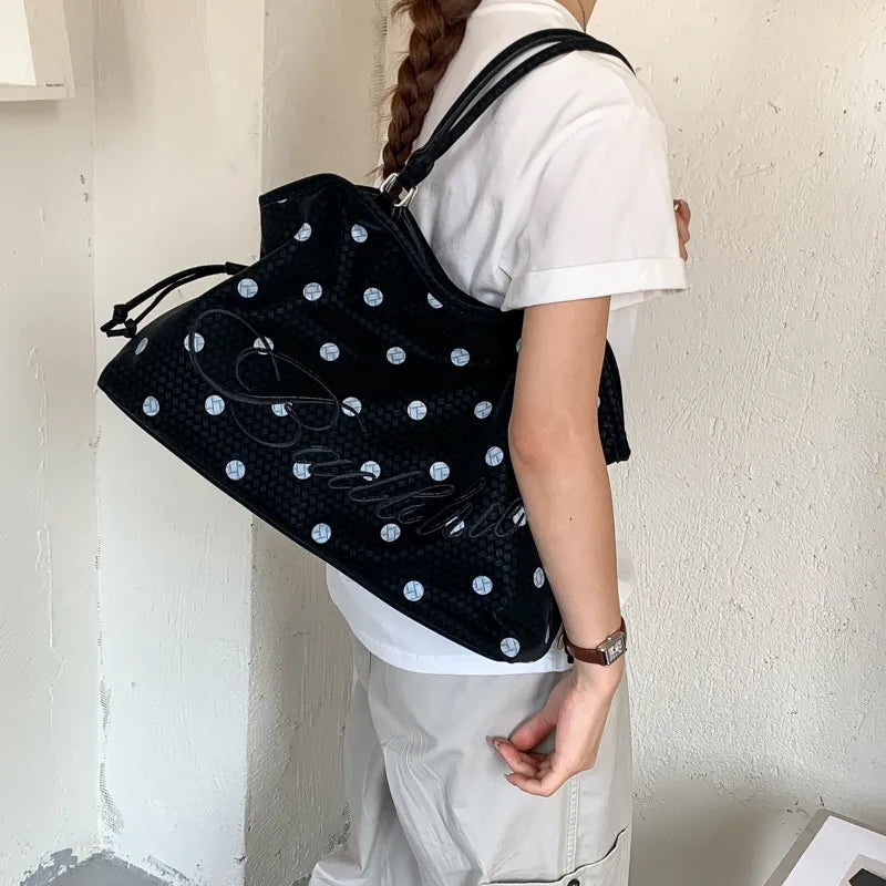 Korean Polka Dot Woven Tote Bag – Large Shoulder Handbag Woven Tote Bag Nixie