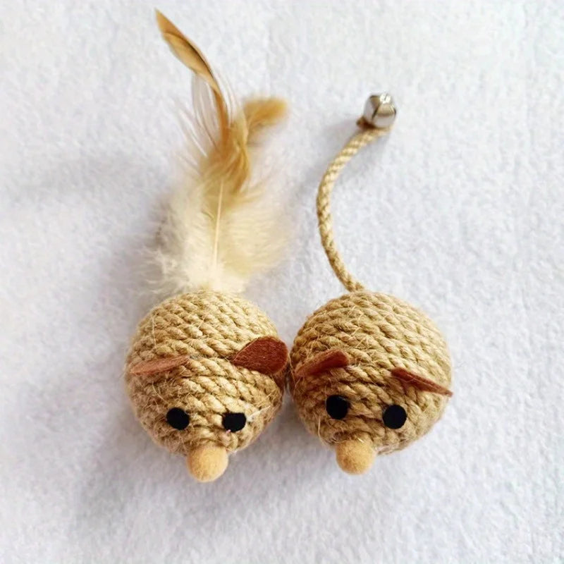 Rhinestone Feather Mouse Cat Toy – Hemp Rope & Glass Bell Interactive Cat Toy Nixie 2pc