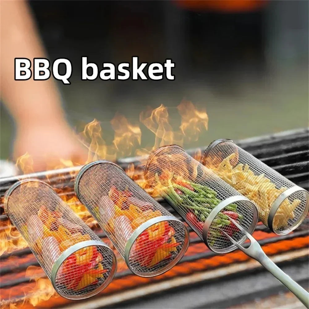 Rolling BBQ Grill Basket – Stainless Steel Cylindrical Mesh Rack