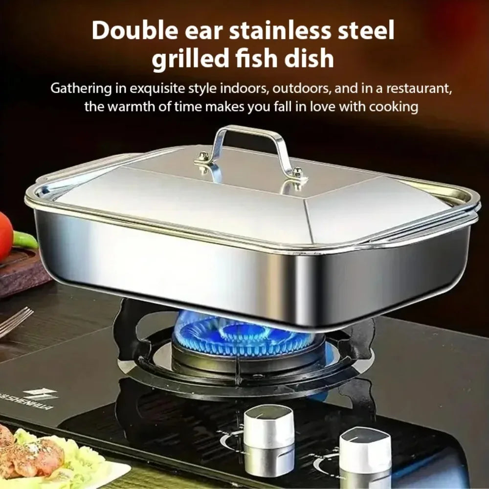 Stainless Steel Deep BBQ Baking Pan with Lid | Camping & Home BBQ Baking Pan Nixie
