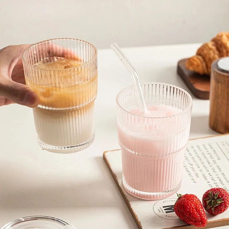 450ml Fluted Glass Cup with Lid & Straw – Lead-Free Set Glass Drinkware Set Nixie